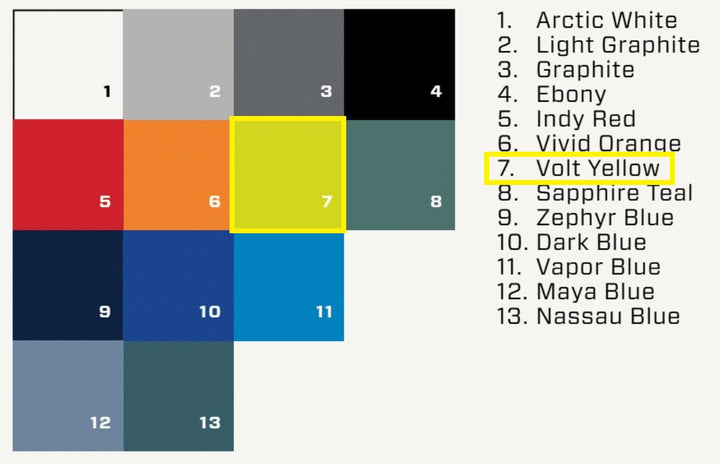 Color swatch chart for Malibu/Axis Solid Gel-coat featuring Volt Yellow for the 2025 model year.