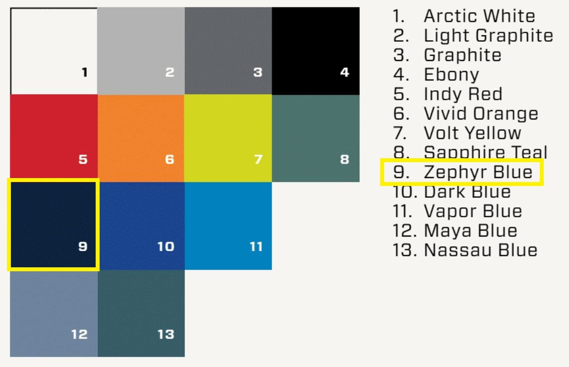 Color swatch chart displaying Malibu/Axis solid gel-coat options for the 2025 model year, highlighting Zephyr Blue.