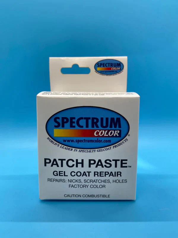 White Spectrum Color Patch Paste gel coat repair kit box with blue and yellow logo, designed for dark blue Malibu/Axis boats &