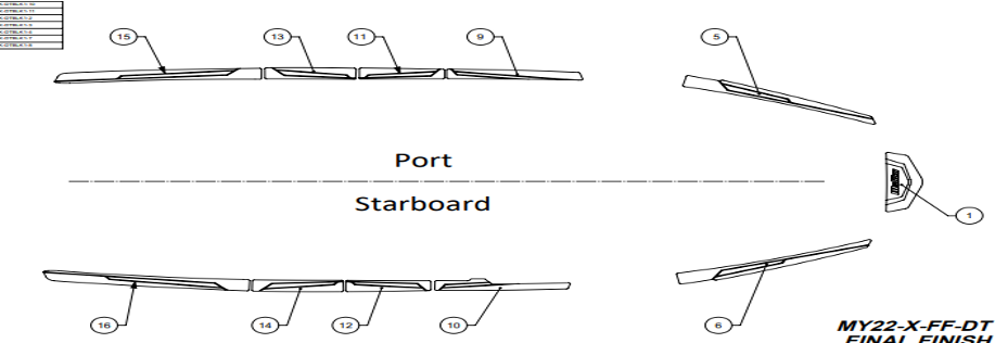 Detailed diagram of the 21 LX Deck Track Kit showing port and starboard components for Malibu boats.