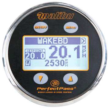 Close-up of the Malibu Perfect Pass Stargazer Wake S Upgrade Kit gauge with orange, chrome, and black accents, displaying speed and settings.