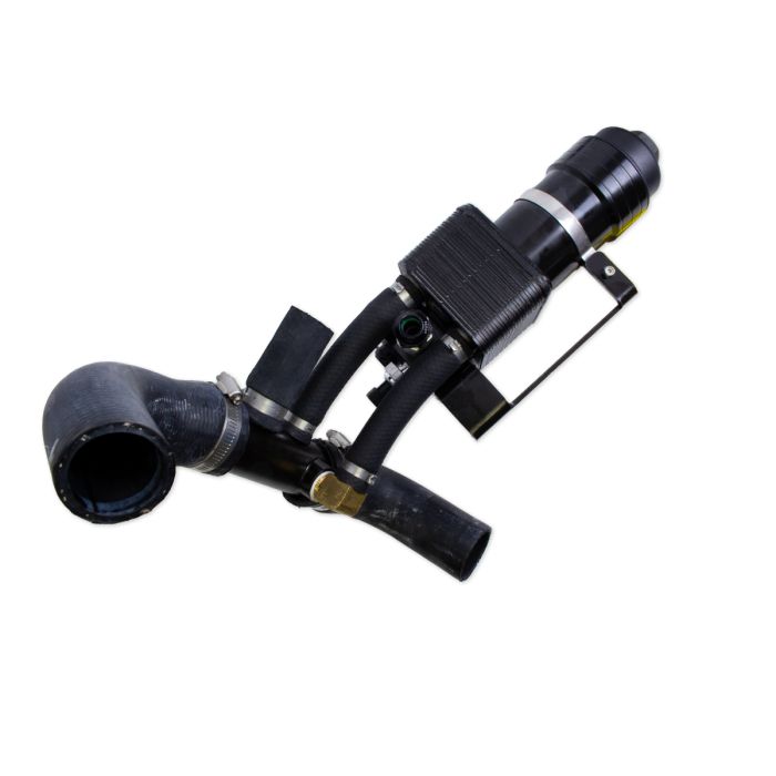 Oil filter cooler assembly for Ford vehicles, featuring hoses and a compact design for efficient engine cooling.