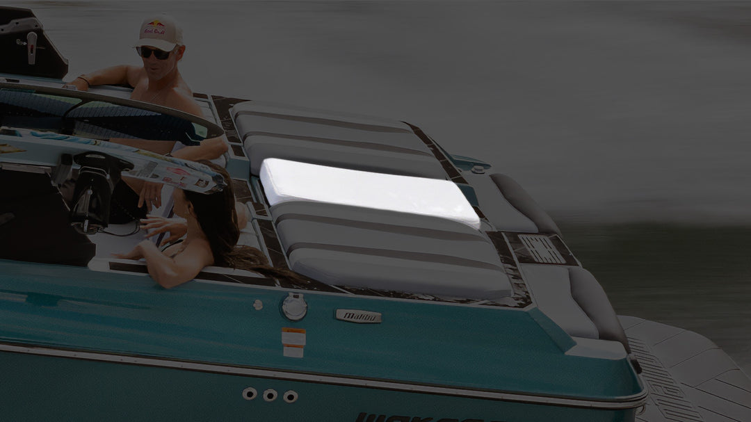 Close-up of a walkover fill cushion on a boat, providing comfortable seating with a sleek, padded design.