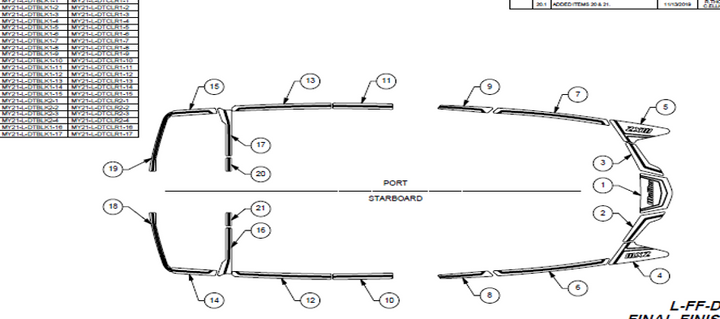 Diagram of the 2021 24 MXZ Soft Grip, detailing parts layout for port and starboard sides of the boat.