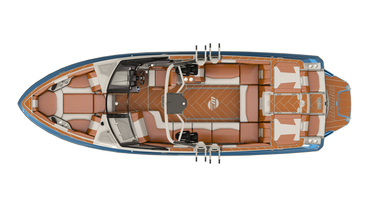 Top-down view of a 2022-2023 Malibu boat interior featuring brown and cream cushioned seating, a steering area, and a swim ladder.