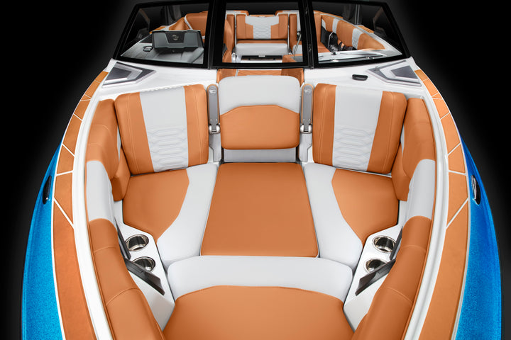 Windshield: Wing Long Starboard boat windshield with black frame and clear glass, installed on a boat with tan and white interior seats.