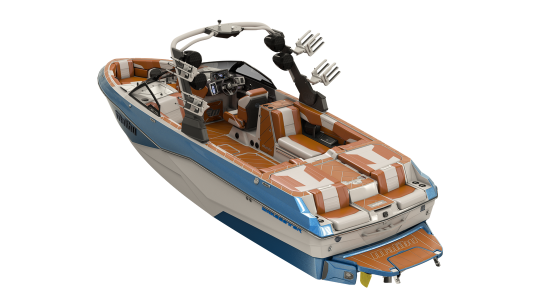 Colorful Malibu boat with a white, blue, and orange design, featuring a windshield, seating, and a wakeboard tower.