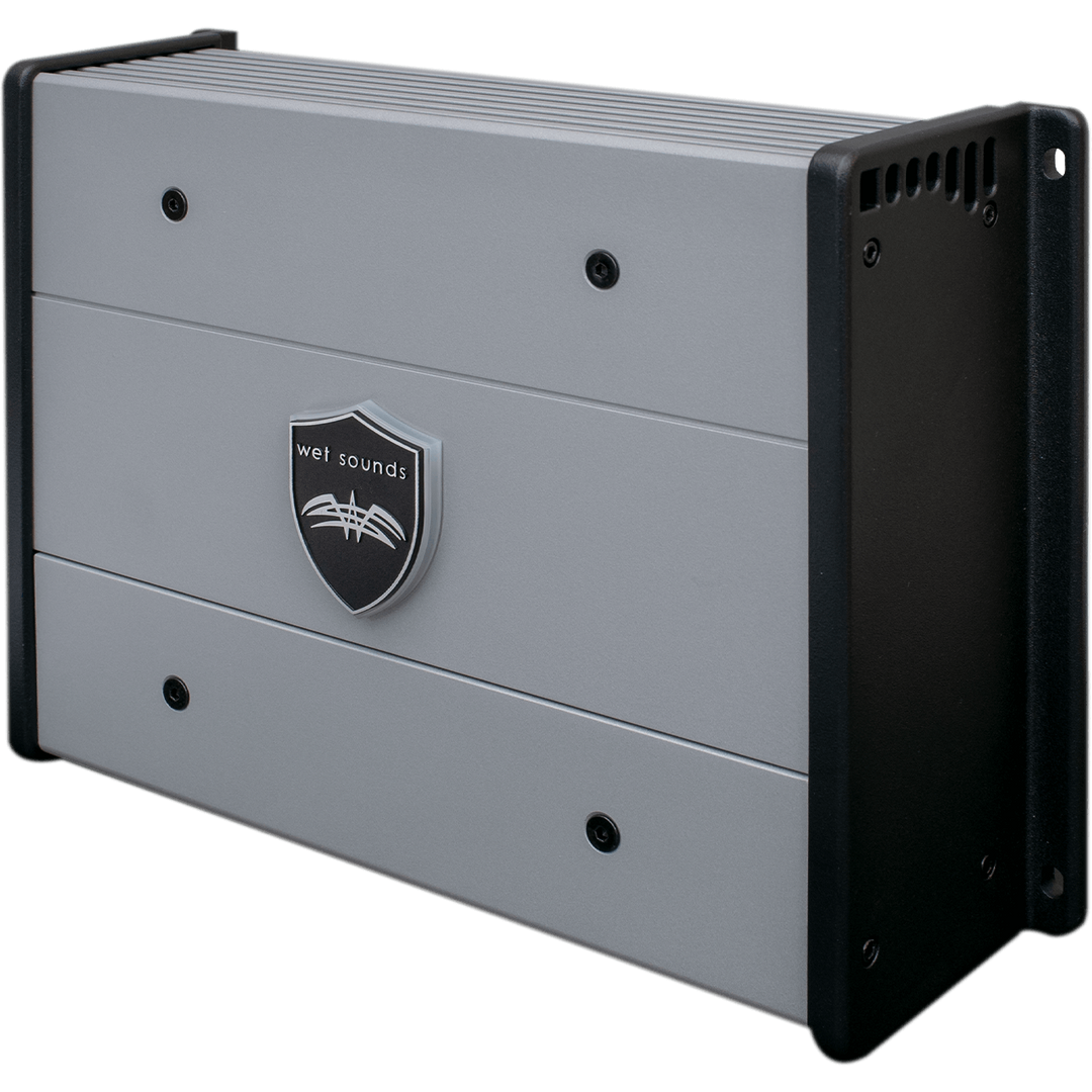 Wet Sounds HTX-2 marine 2-channel amplifier with a sleek gray and black design, ideal for boat audio systems.