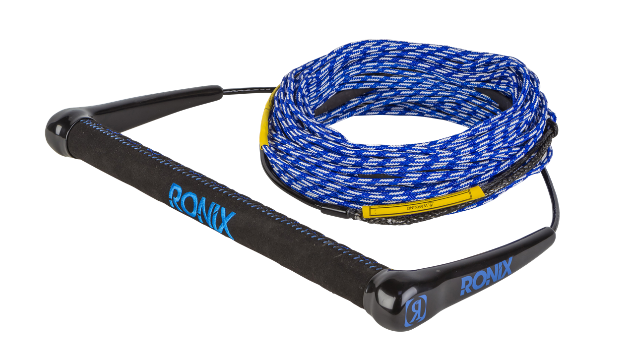2025 Ronix Combo 4.0 Rope with handle, blue and white braided rope, and black handle with blue branding for water sports.