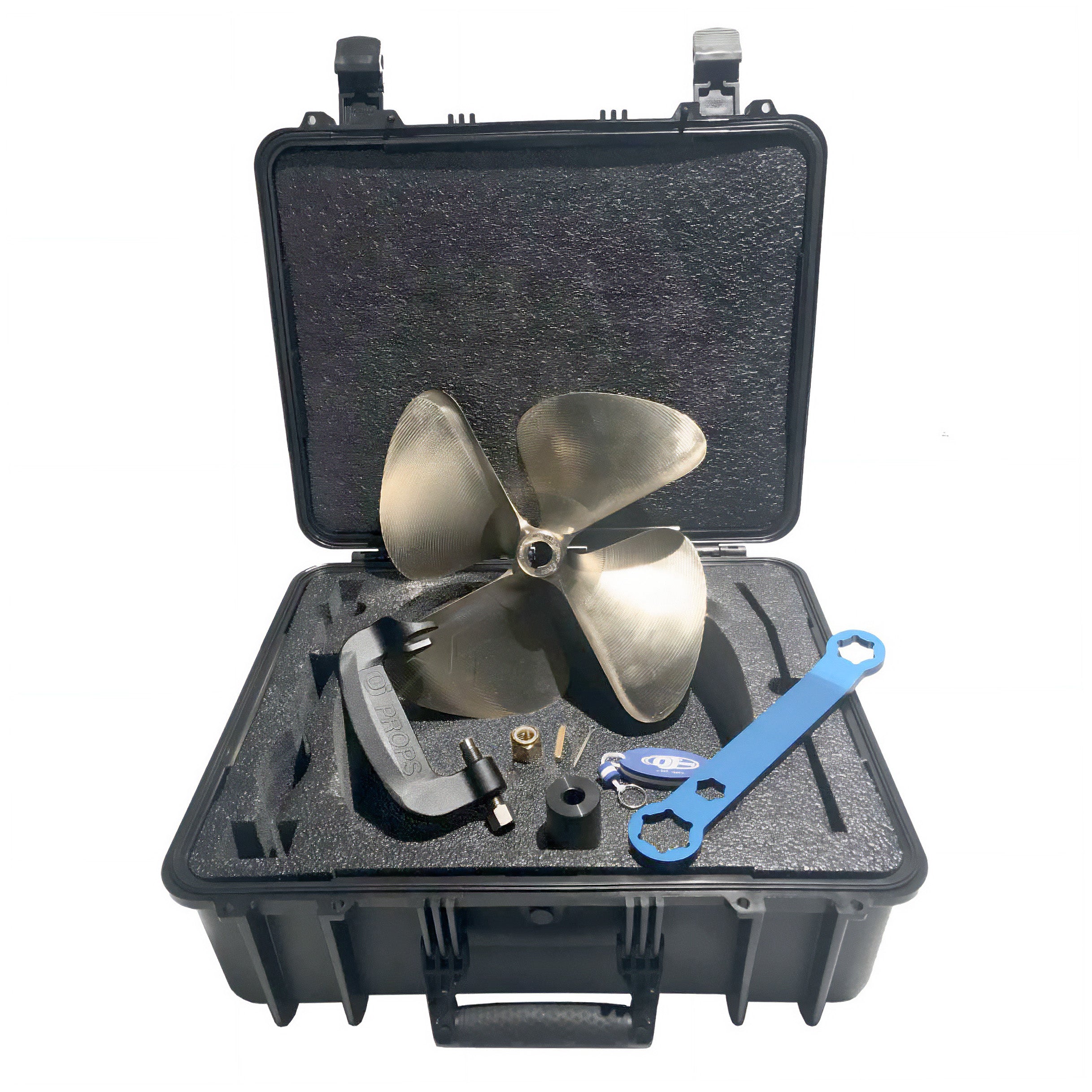 Open black case containing a metallic propeller, blue wrench, and small accessories for Just-In-Case Prop Kit.