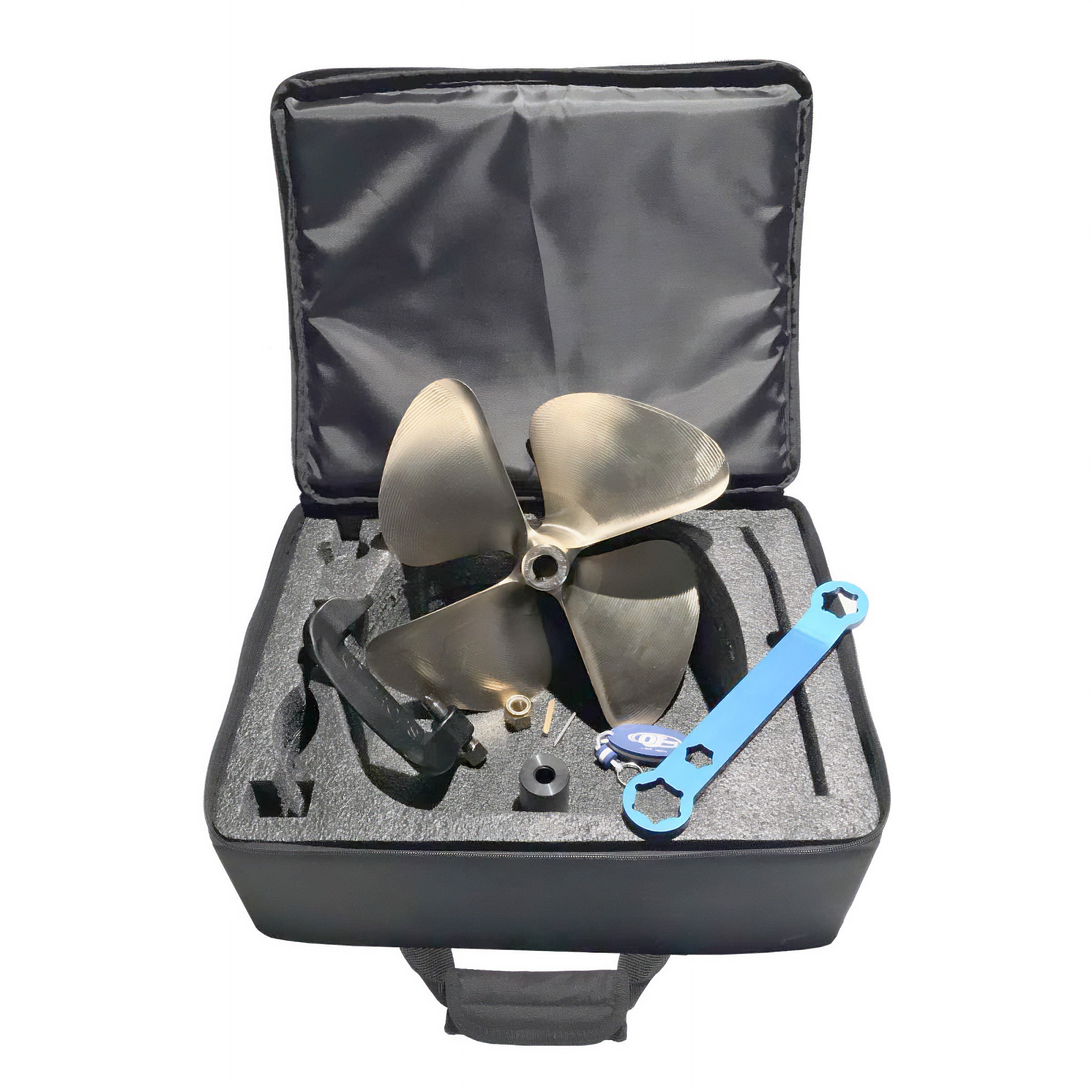 Open black case with foam interior holding a boat propeller, blue spanner, and small components for emergency prop replacement.