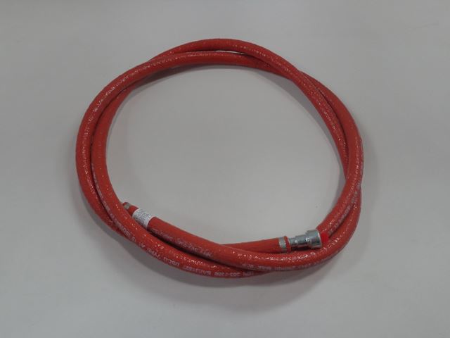 Red high-pressure fuel line with shortened sleeve for clips, model PRTZ, 14, coiled on a plain surface.