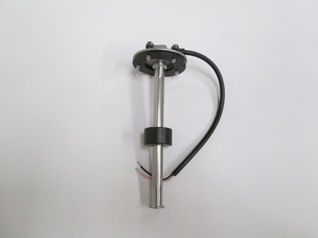 Malibu 7" WEMA sending unit with metal shaft, black mounting plate, and attached wiring, used for fuel level measurement.