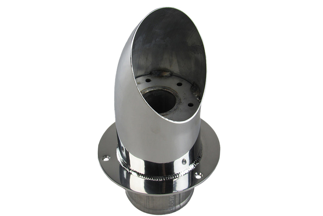 Polished turned down exhaust port with a smooth, angled opening and mounting flange for engine exhaust systems.