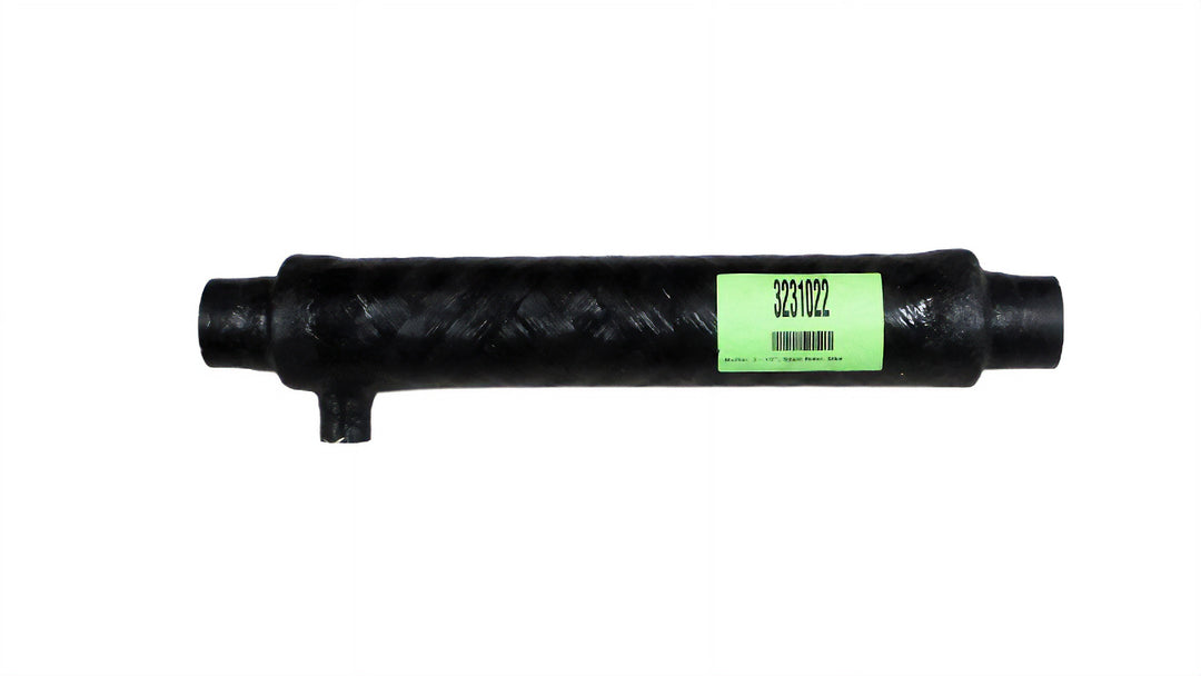 Black muffler with a green label, 3-1/2" size, labeled "Silent Rider," mounted on a boat&