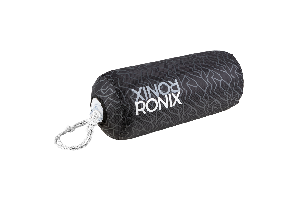 Ronix Happy Hour Boat Fender in charcoal grey with a geometric pattern and white drawstring for boat protection.
