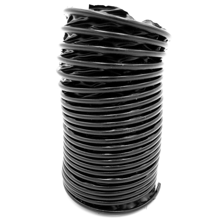 Black 3-inch blower hose coiled in a spiral, sold per foot, used for industrial or leaf blower applications.