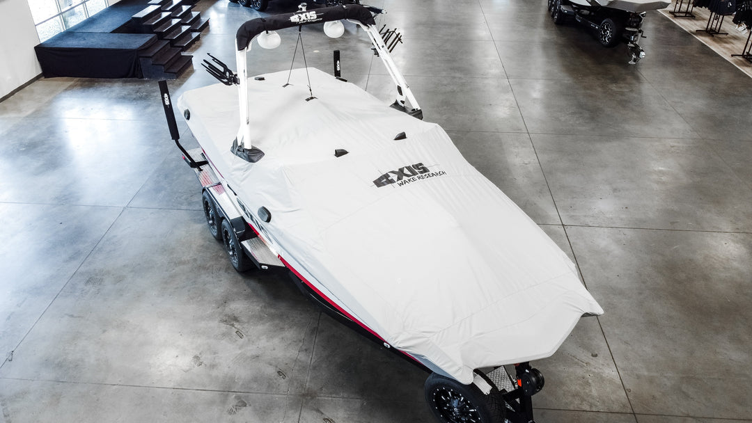 A245 cover for AW20 tower with swim platform and TAPS, designed for optimal protection of Malibu and Axis boats.