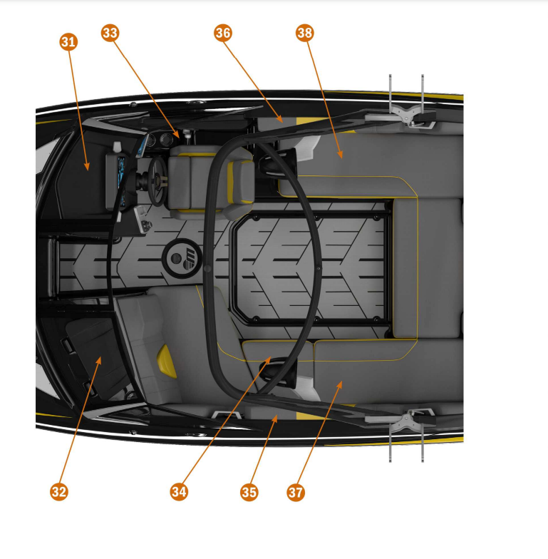 Top view of a boat interior with labeled components, including port side lounge cushion, steering, and storage areas.