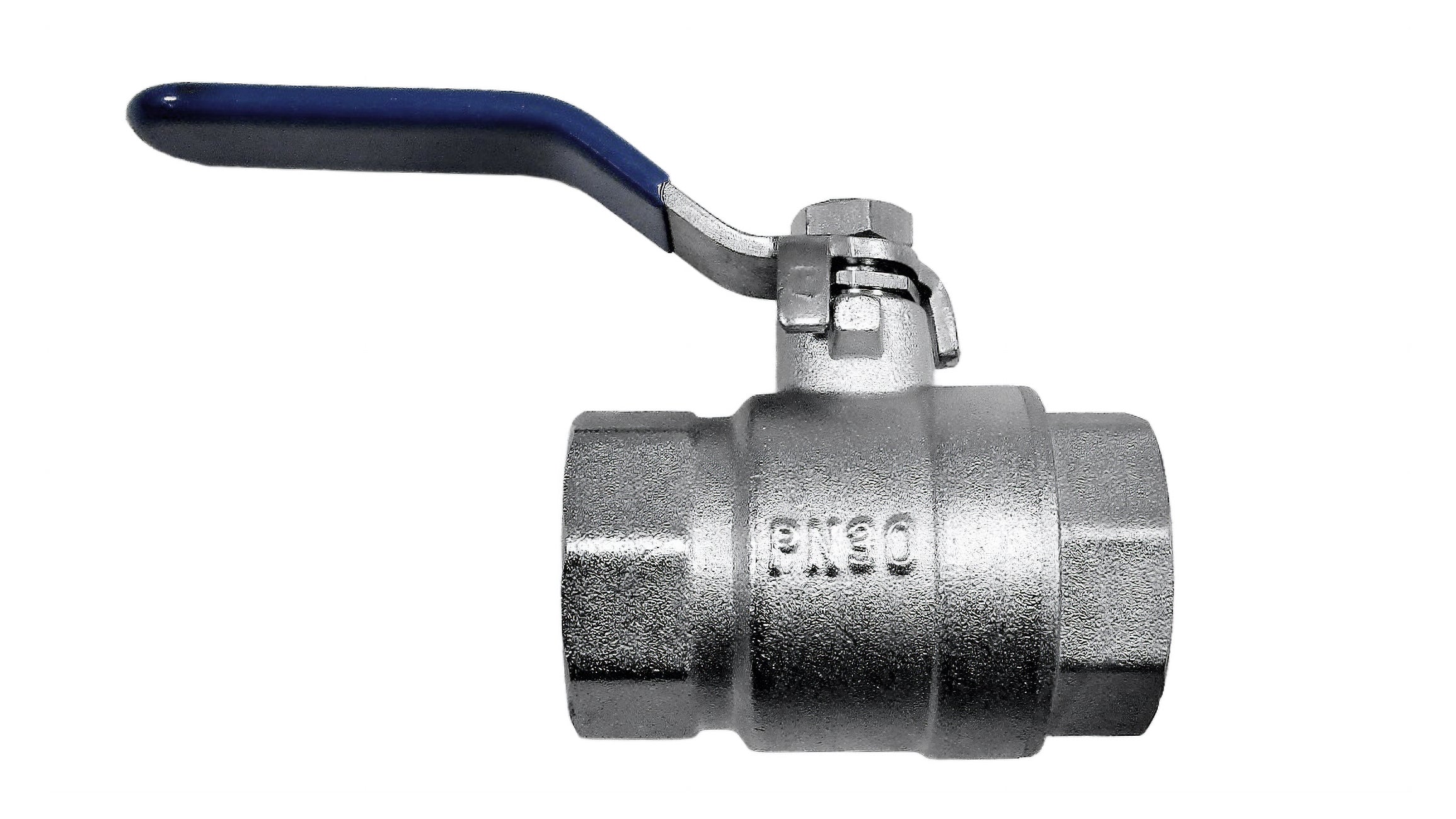Chrome brass ball valve with a blue handle for water pickup, designed for durability and reliable performance in boating applications.