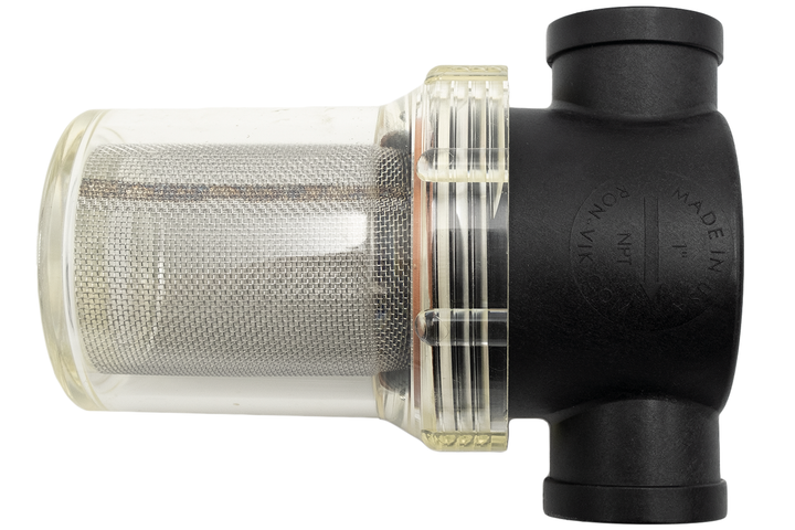 Sea strainer with a 1-inch outlet, featuring a mesh filter and black plastic housing for marine water filtration.