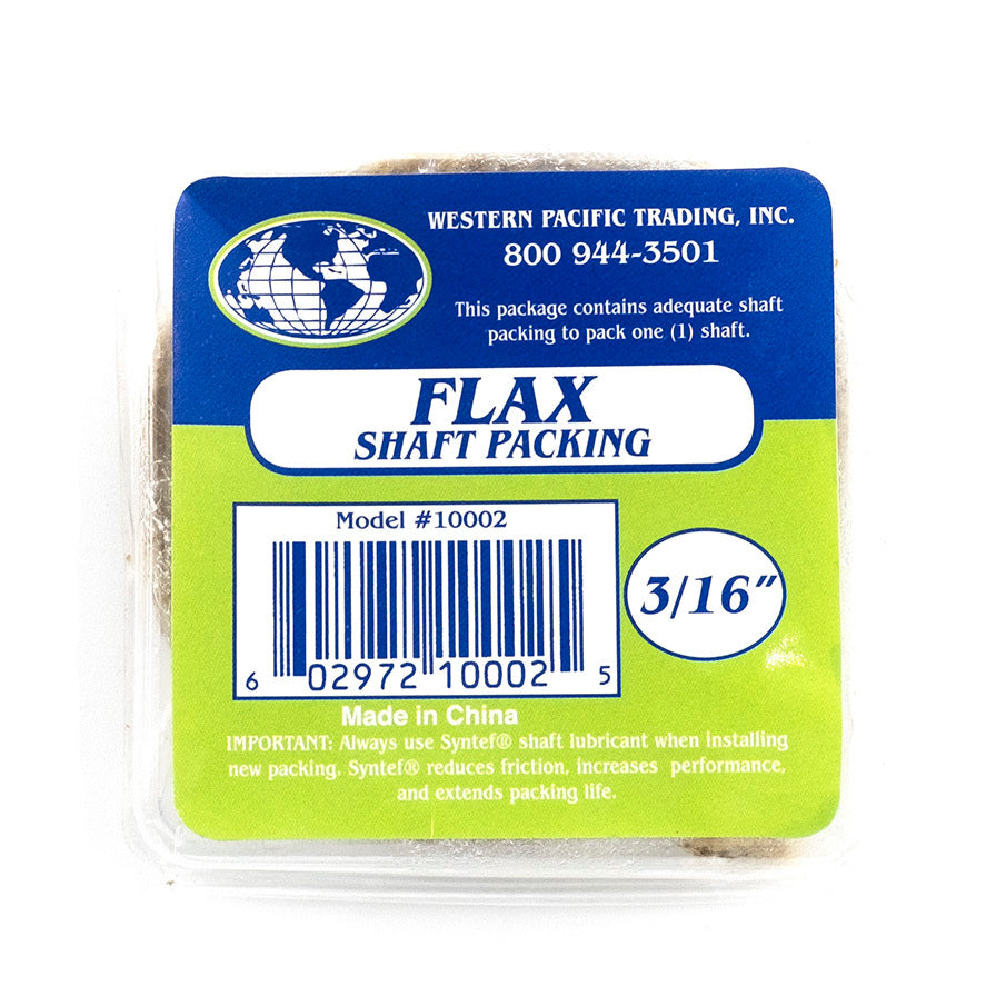 Flax shaft packing, 3/16 inch by 2 inches, in blue and green packaging with barcode and product details.