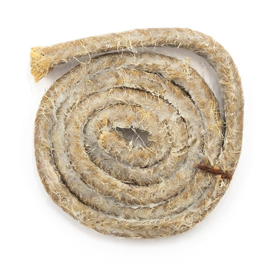 Coiled flax packing, 3/16 inch thick and 2 feet long, used for sealing and insulation in plumbing and machinery.
