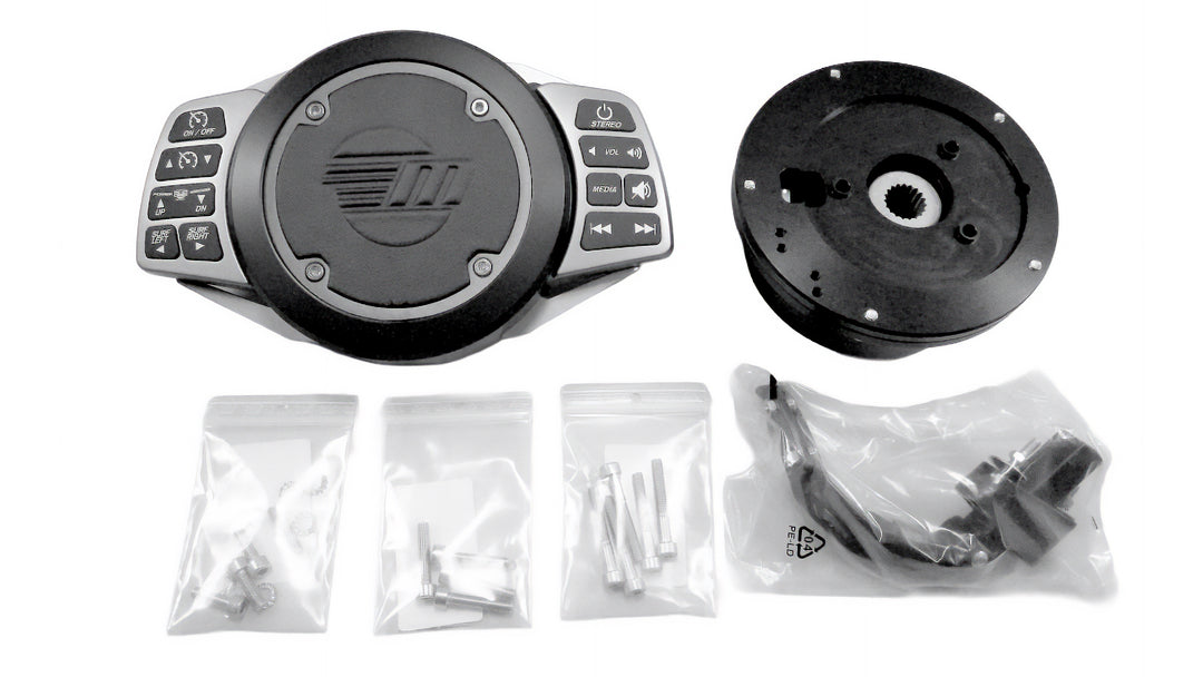 Isotta steering wheel with control panel and hardware, featuring buttons and mounting components for easy installation.