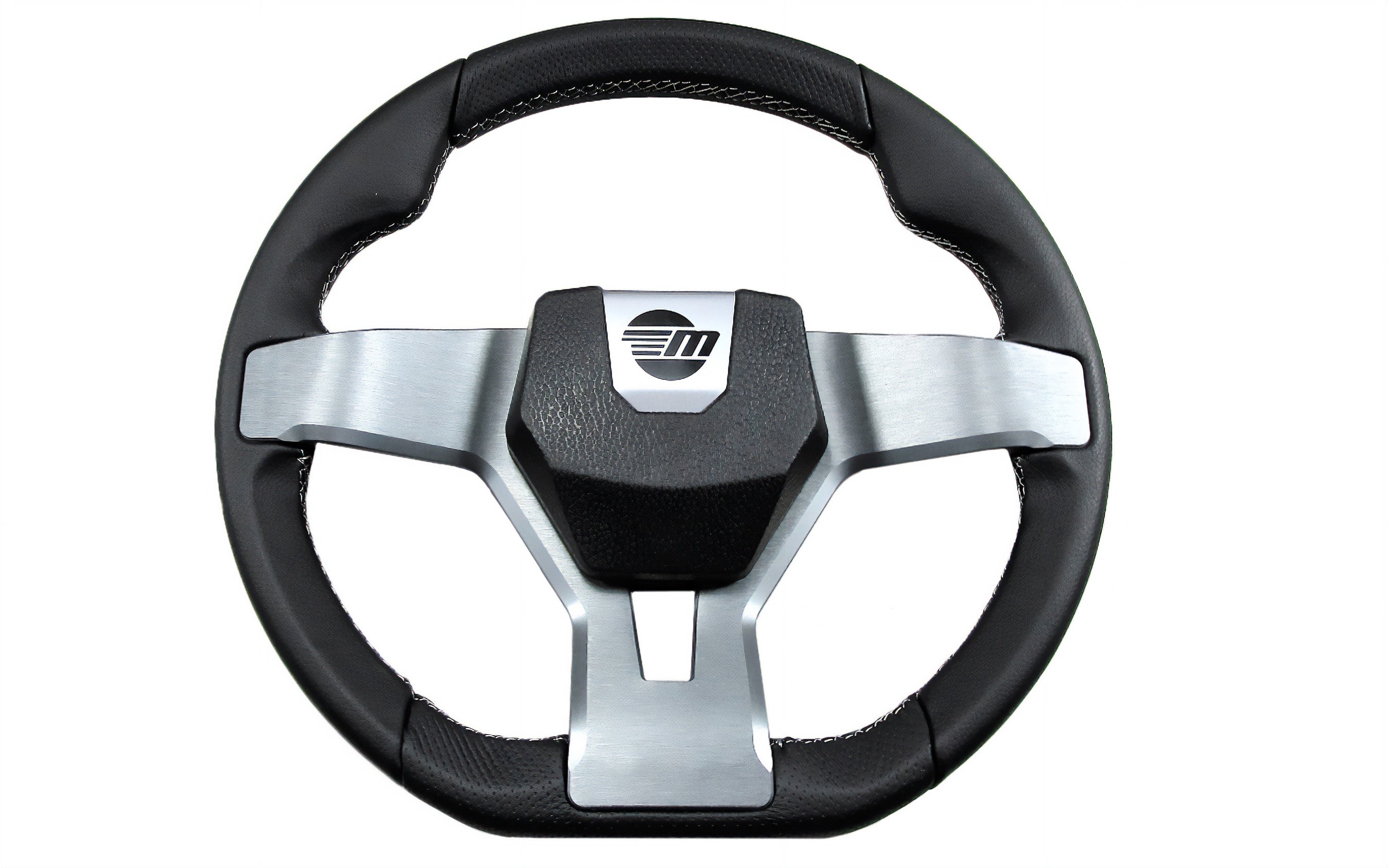 Malibu Isotta steering wheel with black leather grip, silver metal spokes, and a central black hub featuring a logo.