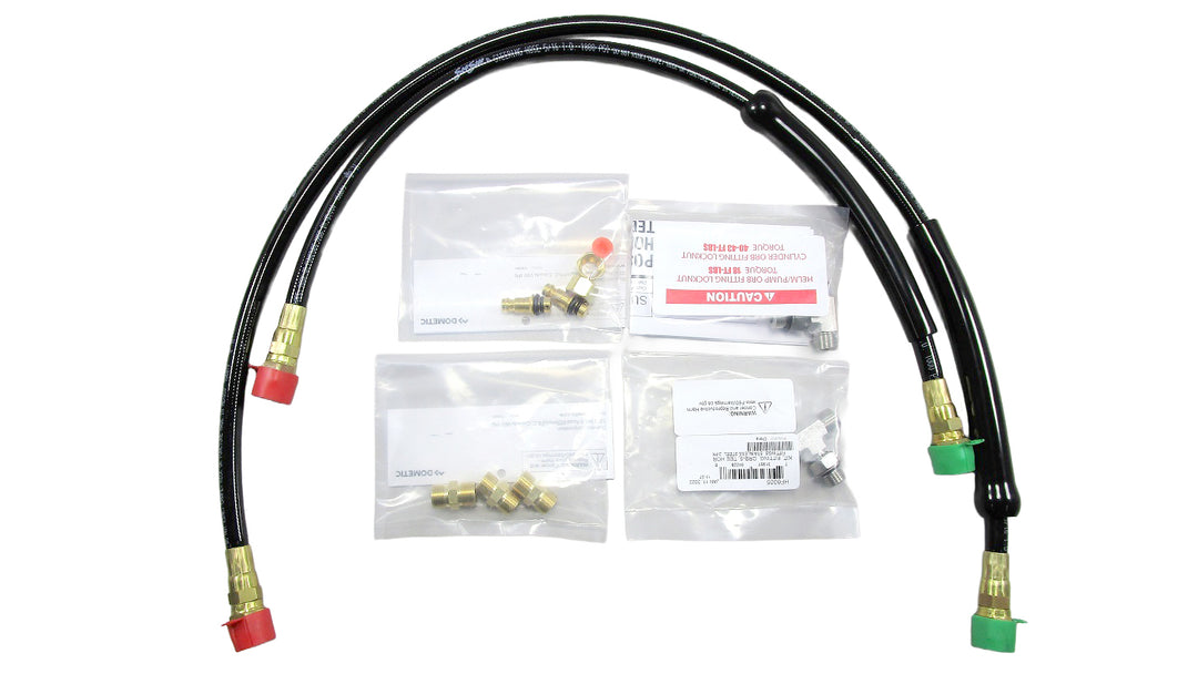 Hydraulic steering bleeder hose kit with fittings for efficient fluid removal and maintenance in boats.