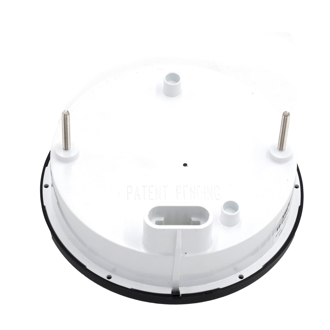 Bottom view of a Malibu 4-in-1 Gauge with mounting posts and connection port, designed for pool or spa equipment.