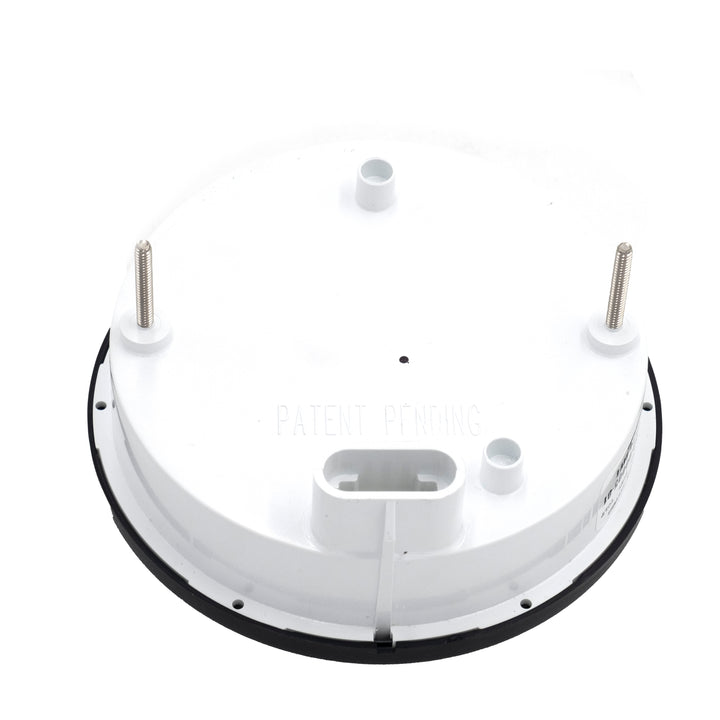 Bottom view of a Malibu 4-in-1 Gauge with mounting posts and connection port, designed for pool or spa equipment.