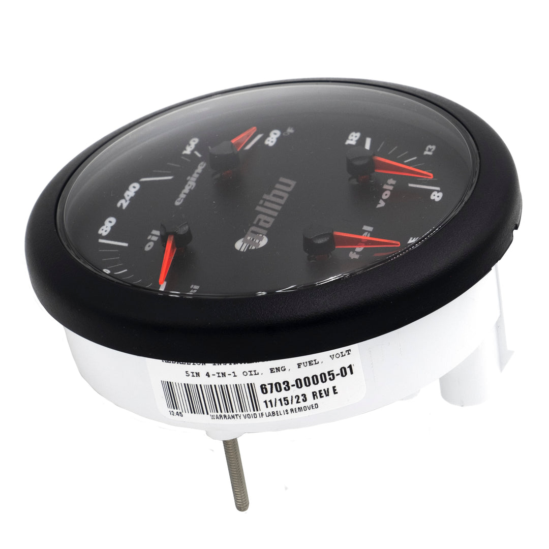 Malibu 4-in-1 gauge with four dials for oil, engine, fuel, and volt measurements, featuring a black face and red needles.