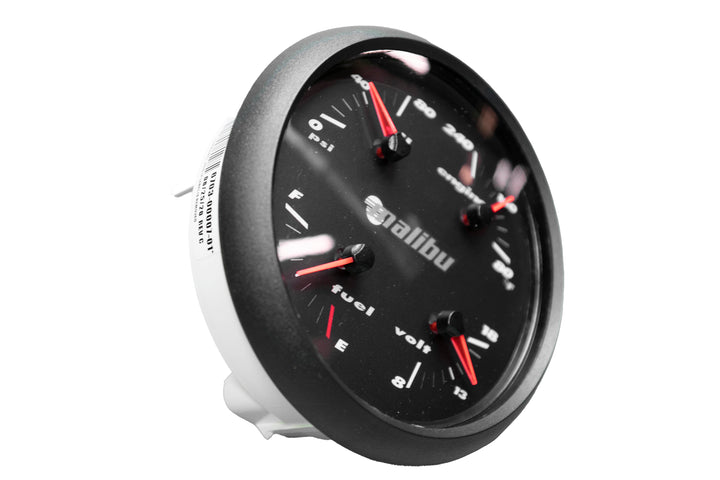 4-in-1 gauge with pressure, temperature, fuel, and voltage indicators, featuring a black face and red needles.