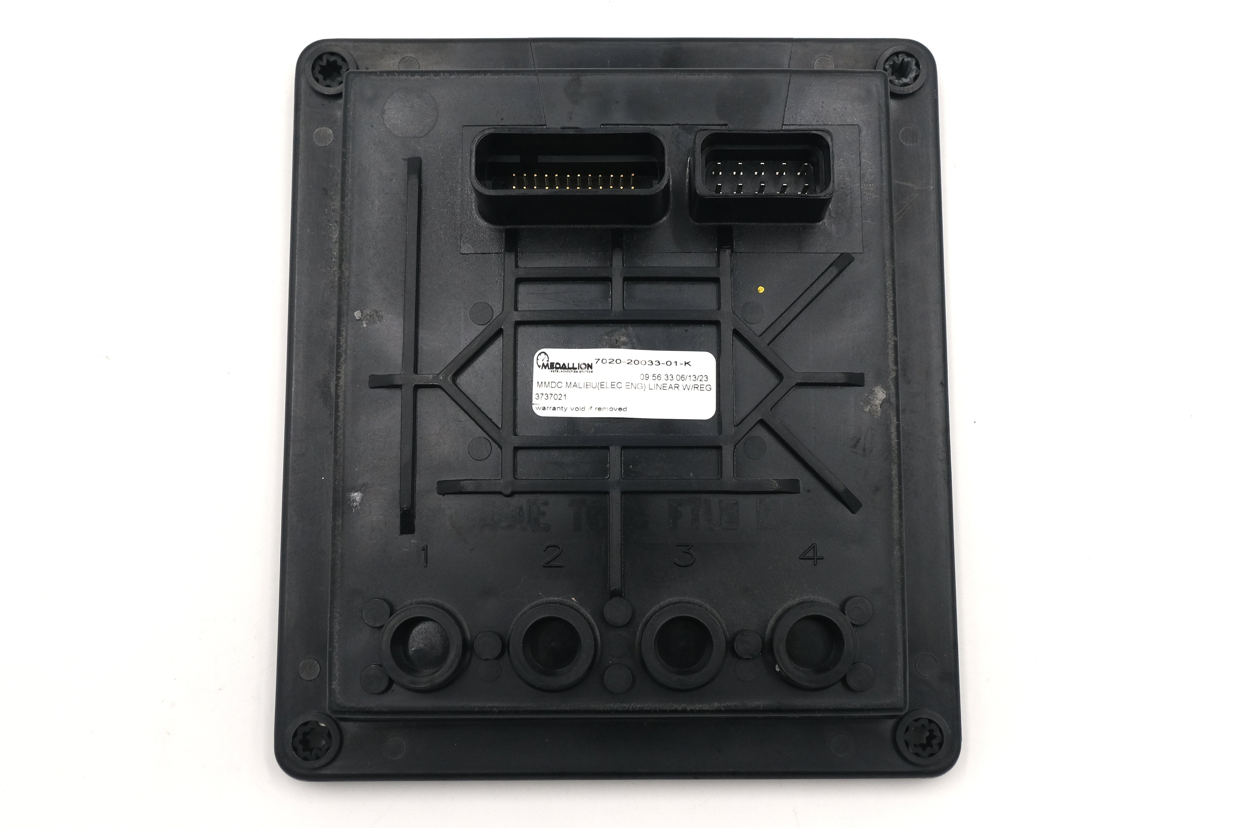 Black rectangular electronic control module with connectors, labeled "Malibu MMDC-A Only '05," used in vehicle electrical systems.