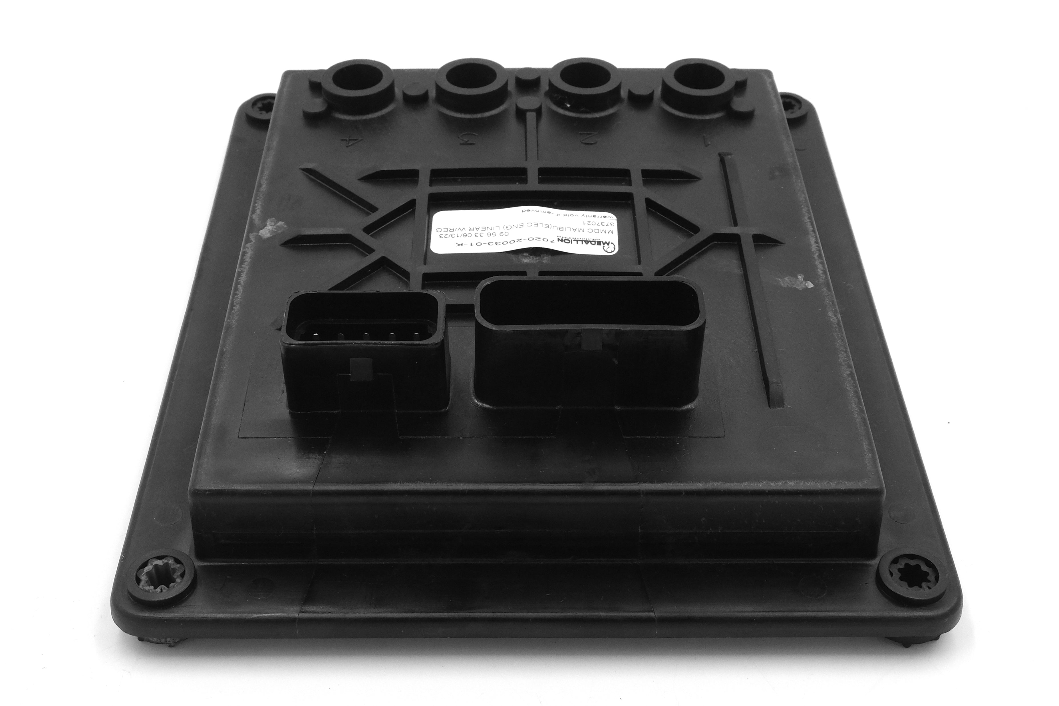Black automotive control module labeled "Malibu MMDC-A Only '05" with connectors and mounting points, viewed from the bottom.