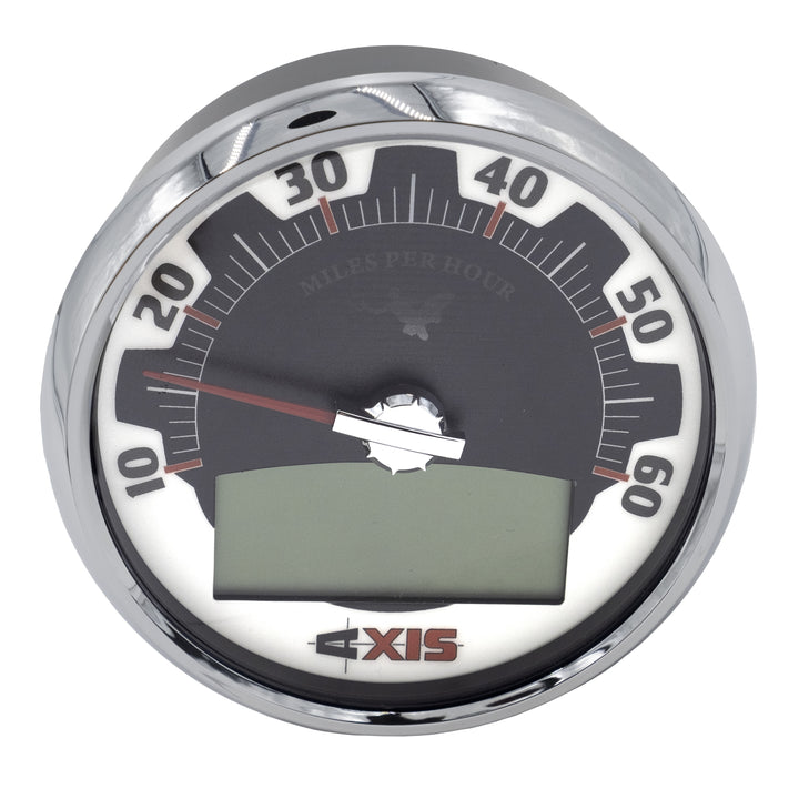 Axis 5-inch speedometer for 2009-2011 vehicles, featuring analog display, digital odometer, and chrome bezel.