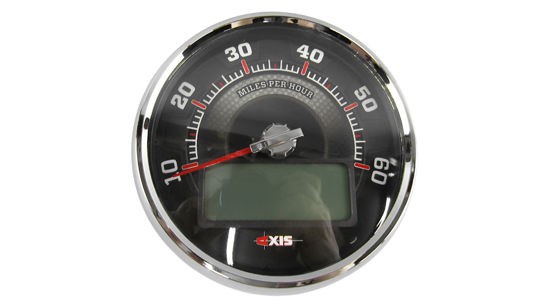 Axis Speedometer Gauge displaying speed in miles per hour with a sleek design and digital readout for accurate measurements.