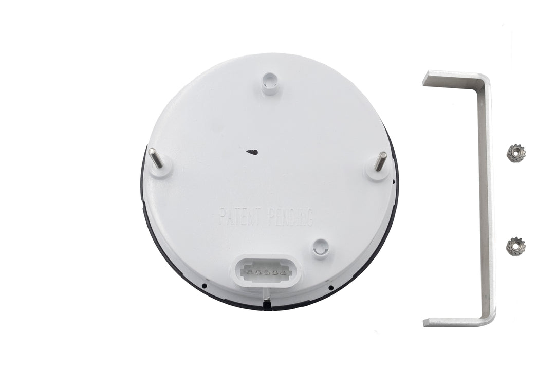 Back view of Malibu 5" tachometer with hourmeter for 1999-2000 models, showing mounting studs, connector, and hardware.
