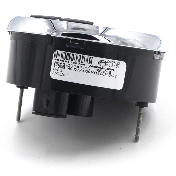 Axis 5-inch tachometer for 2014-2015 models, black and silver, with mounting screws and a barcode label.
