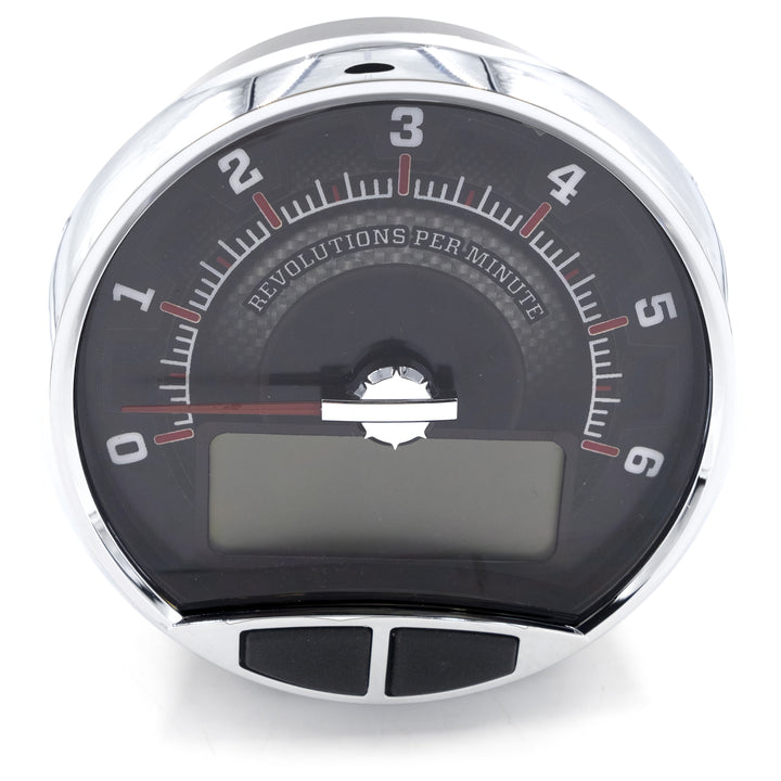 Axis tachometer gauge with digital display, measuring revolutions per minute (RPM) for vehicle performance monitoring.