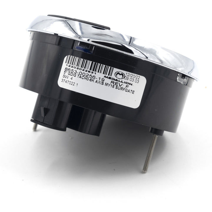Axis tachometer gauge with black casing, silver top, and mounting screws, used for measuring engine RPM in vehicles.