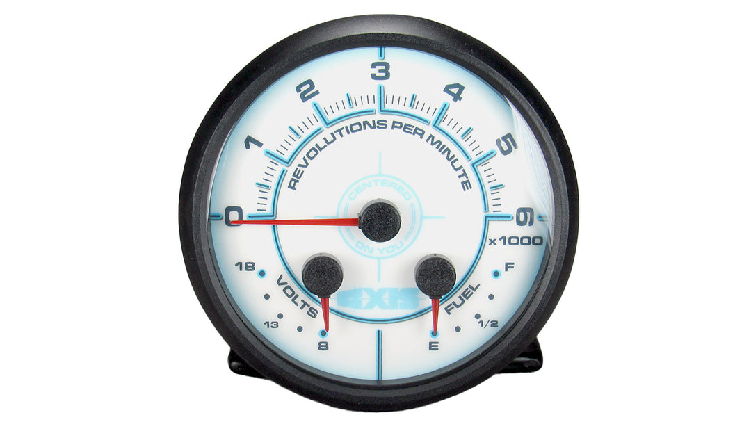 Axis 3-in-1 tachometer gauge displaying revolutions per minute, volts, and fuel level with black casing and blue accents.