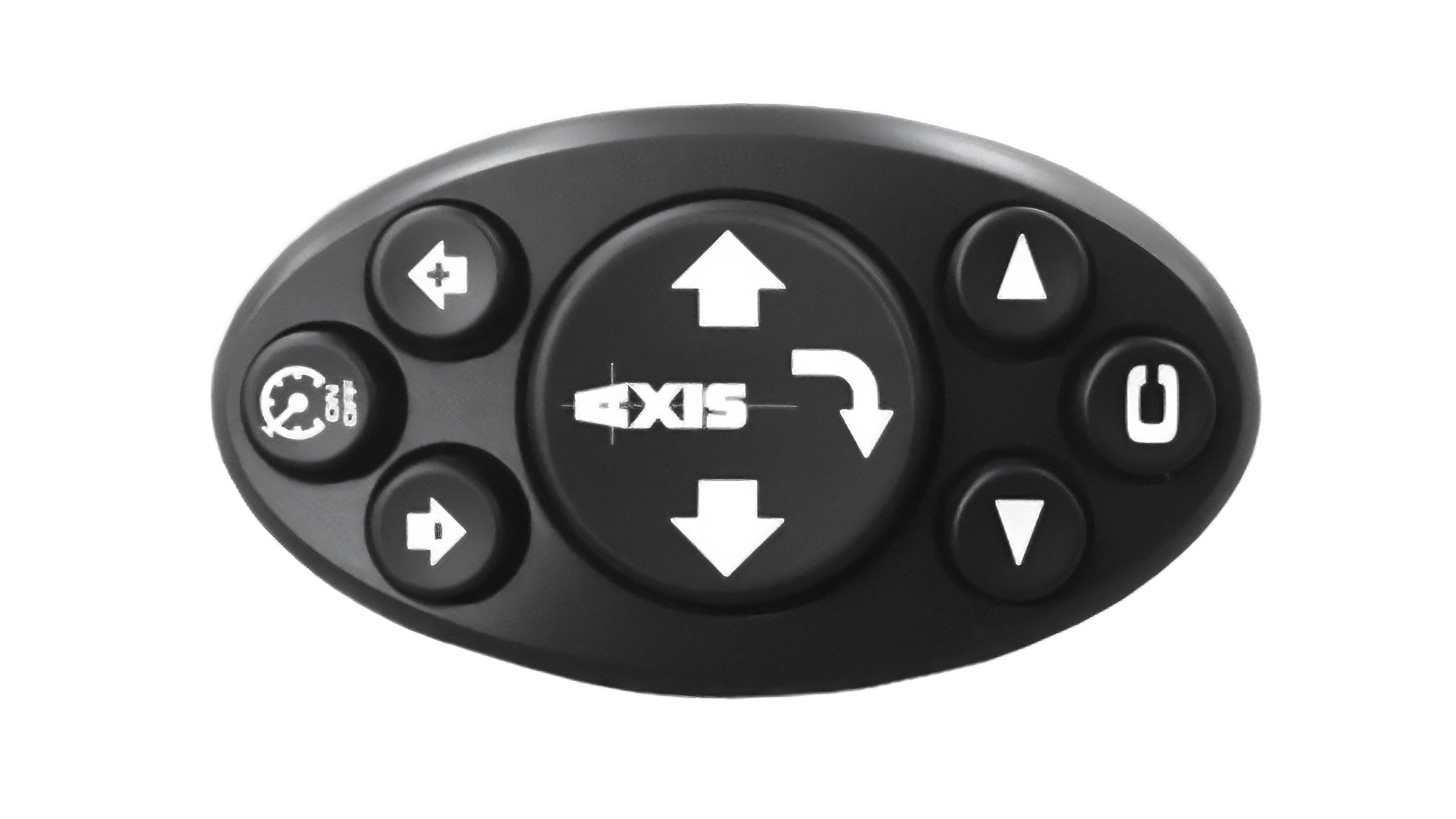 Axis Dash Squash Pad remote control with directional buttons, power button, and function icons on a black background.