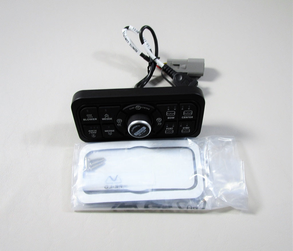 Black keypad with 12 buttons, rotary knob, and wiring, designed for axis control with a 22-degree rotation.