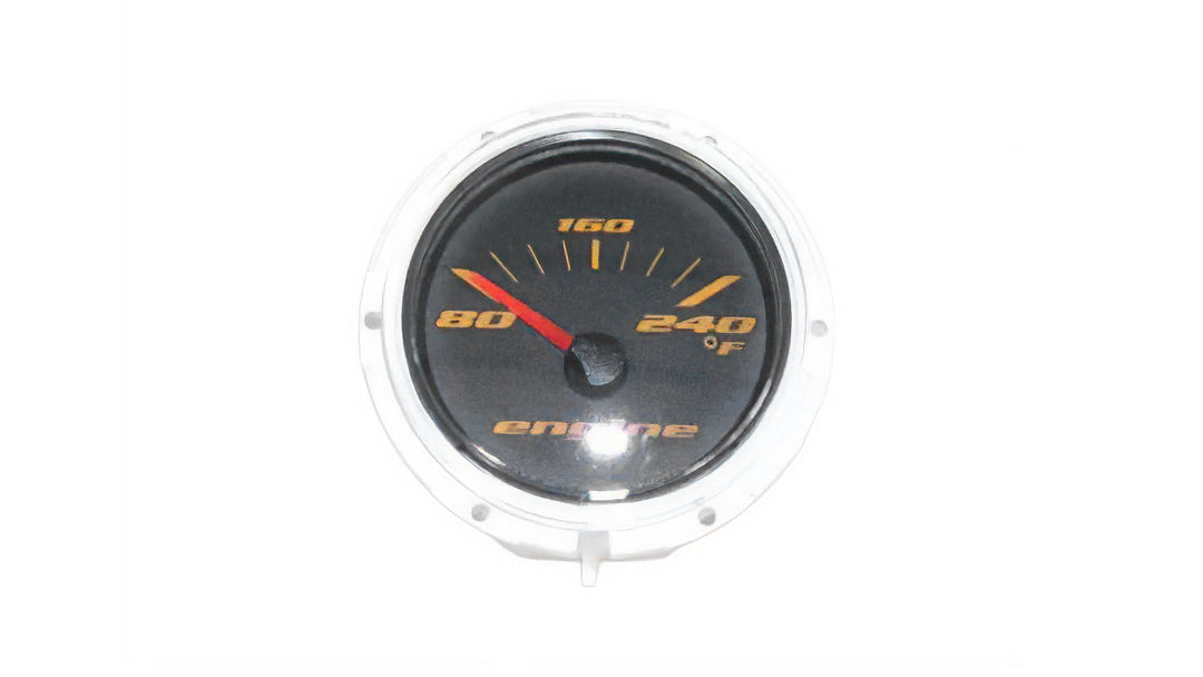 Malibu Engine Temp Gauge displaying a black dial with temperature readings from 80 to 240 degrees Fahrenheit.