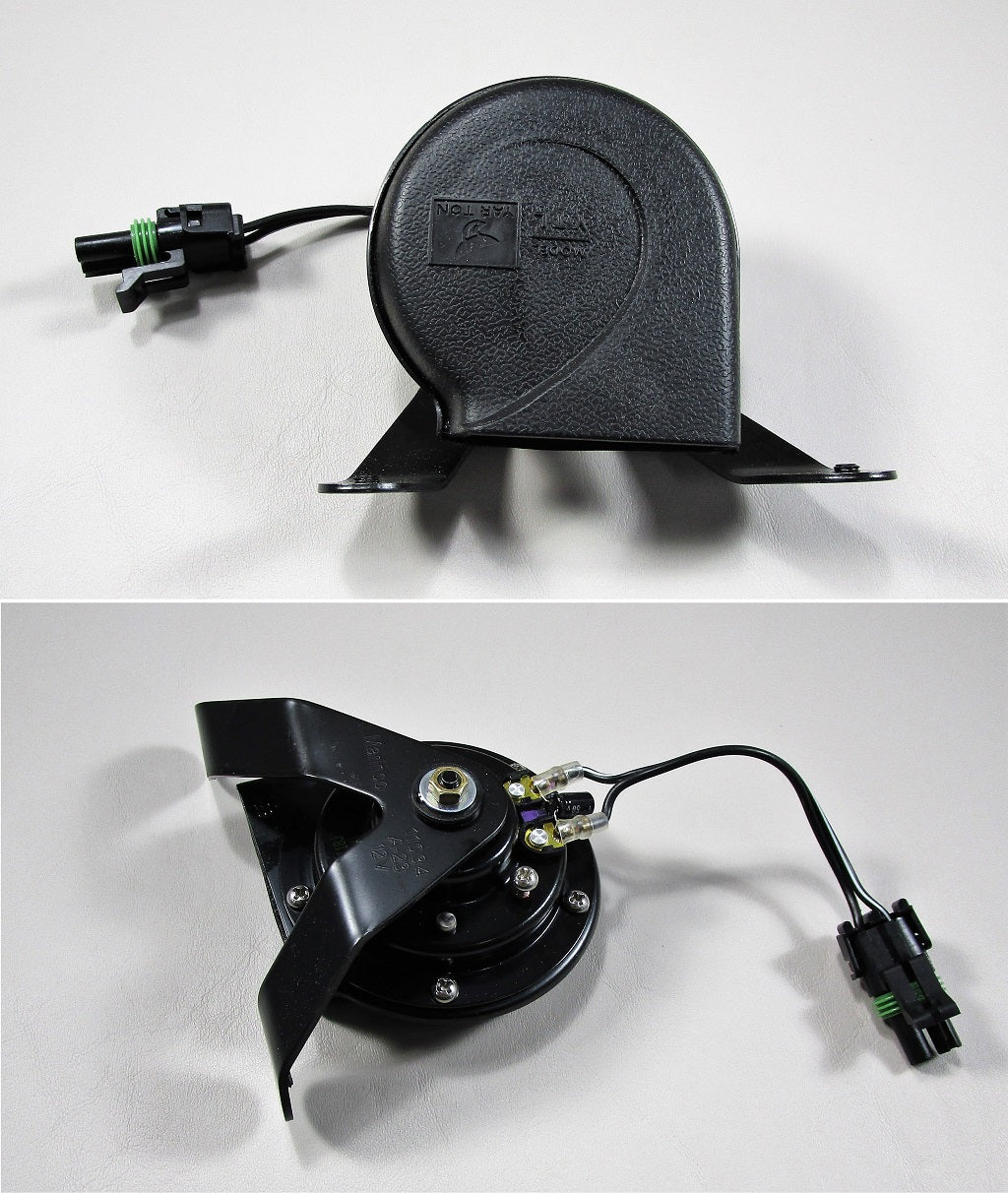 Malibu horn with Delphi connector, black housing, mounted on a metal bracket, with wiring and connector attached.