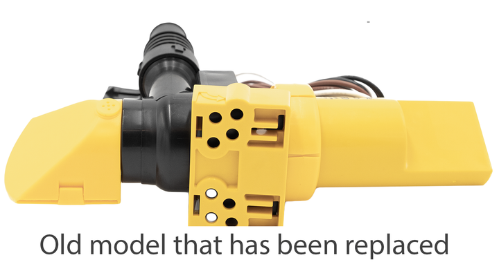 1100 GPH bilge pump in yellow, showcasing an old model design that has been replaced with a newer version.