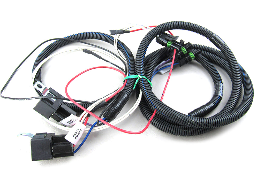 Flexible black wiring harness for tower lights with connectors and color-coded wires for electrical connections.