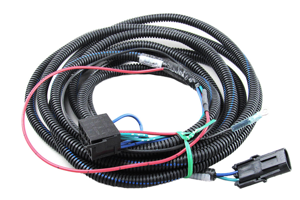 Coiled black wiring harness with multiple colored wires and connectors, designed for powering a seat harness system.